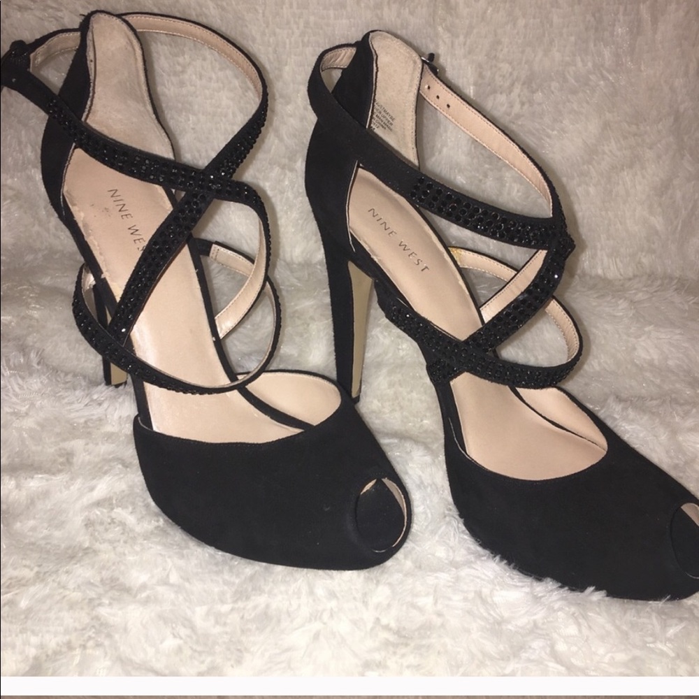 Nine West Just Maybe black Strappy Peep Toe Heels